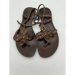 Seychelles Brown Leather Strappy Flat Sandal Floral 8.5M